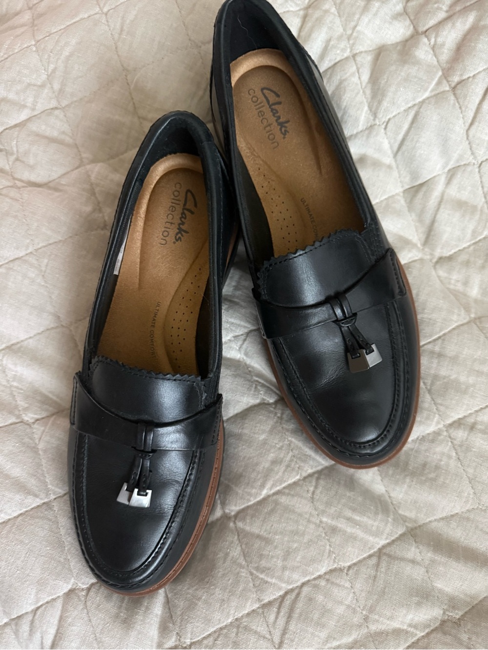Clarks Black Leather Tassel Penny Loafers with Brown Sole Trim